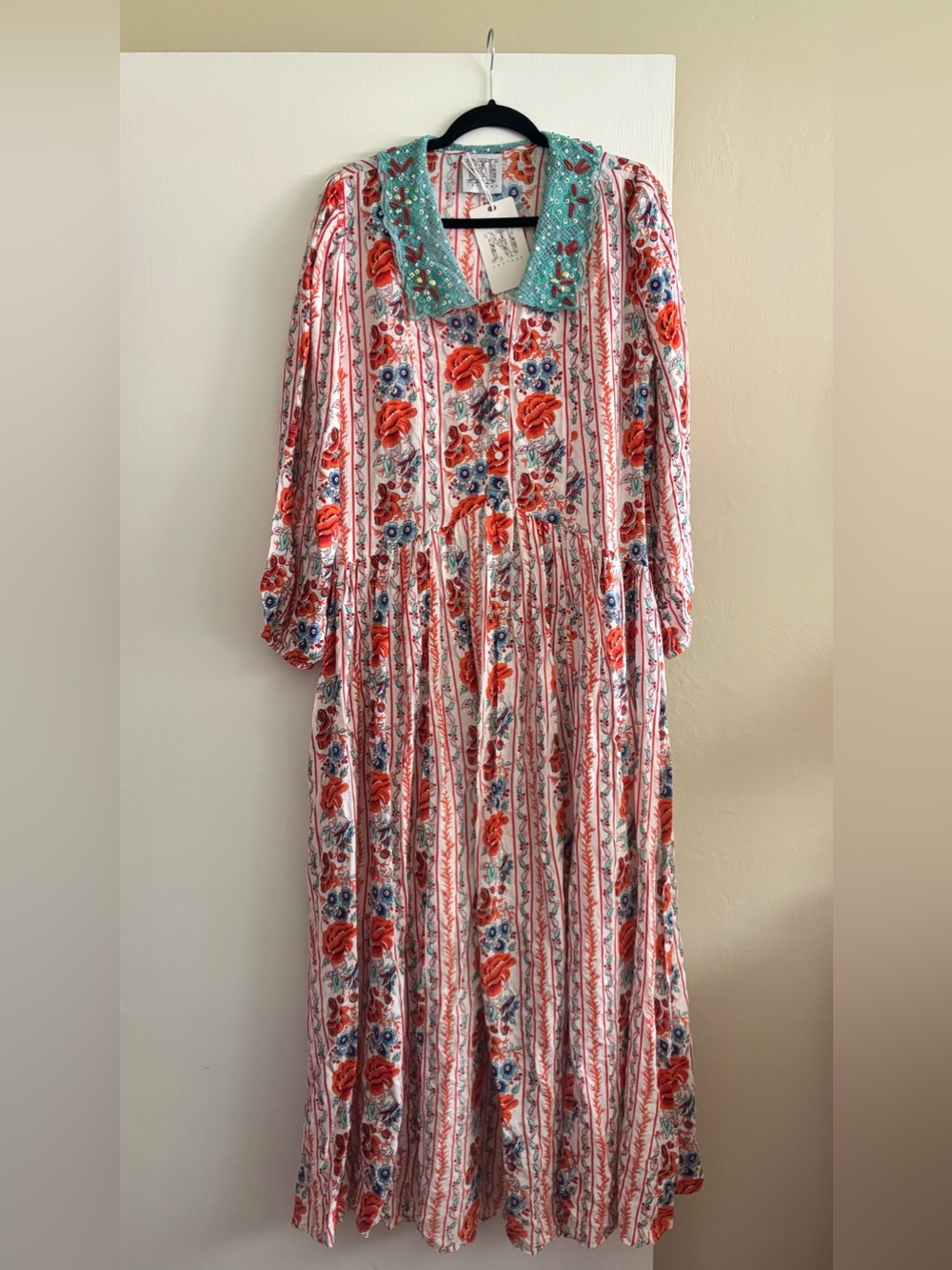 The Nu Vintage Floral Stripe Maxi Dress with Embellished Teal Collar